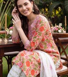 women floral printed regular thread work cotton kurta with patiala & with dupatta