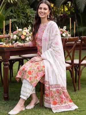 women floral printed regular thread work cotton kurta with patiala & with dupatta 3