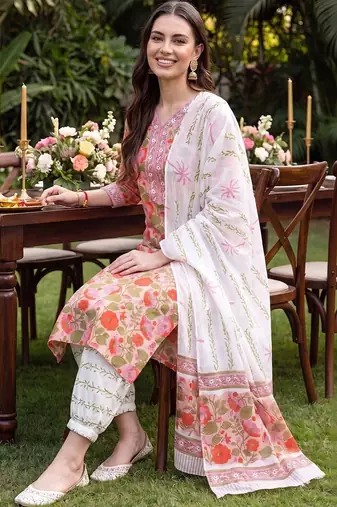 women floral printed regular thread work cotton kurta with patiala & with dupatta