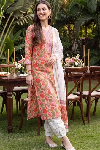 women floral printed regular thread work cotton kurta with patiala & with dupatta