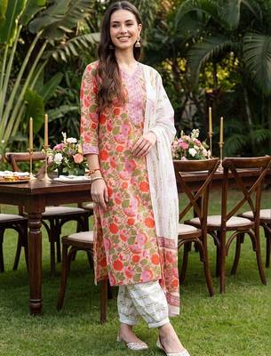 women floral printed regular thread work cotton kurta with patiala & with dupatta 1