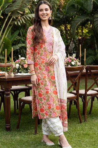 women floral printed regular thread work cotton kurta with patiala & with dupatta