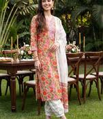 women floral printed regular thread work cotton kurta with patiala & with dupatta