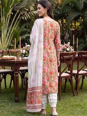 women floral printed regular thread work cotton kurta with patiala & with dupatta 6