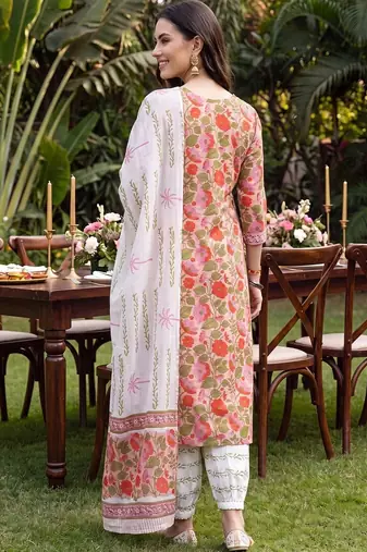 women floral printed regular thread work cotton kurta with patiala & with dupatta