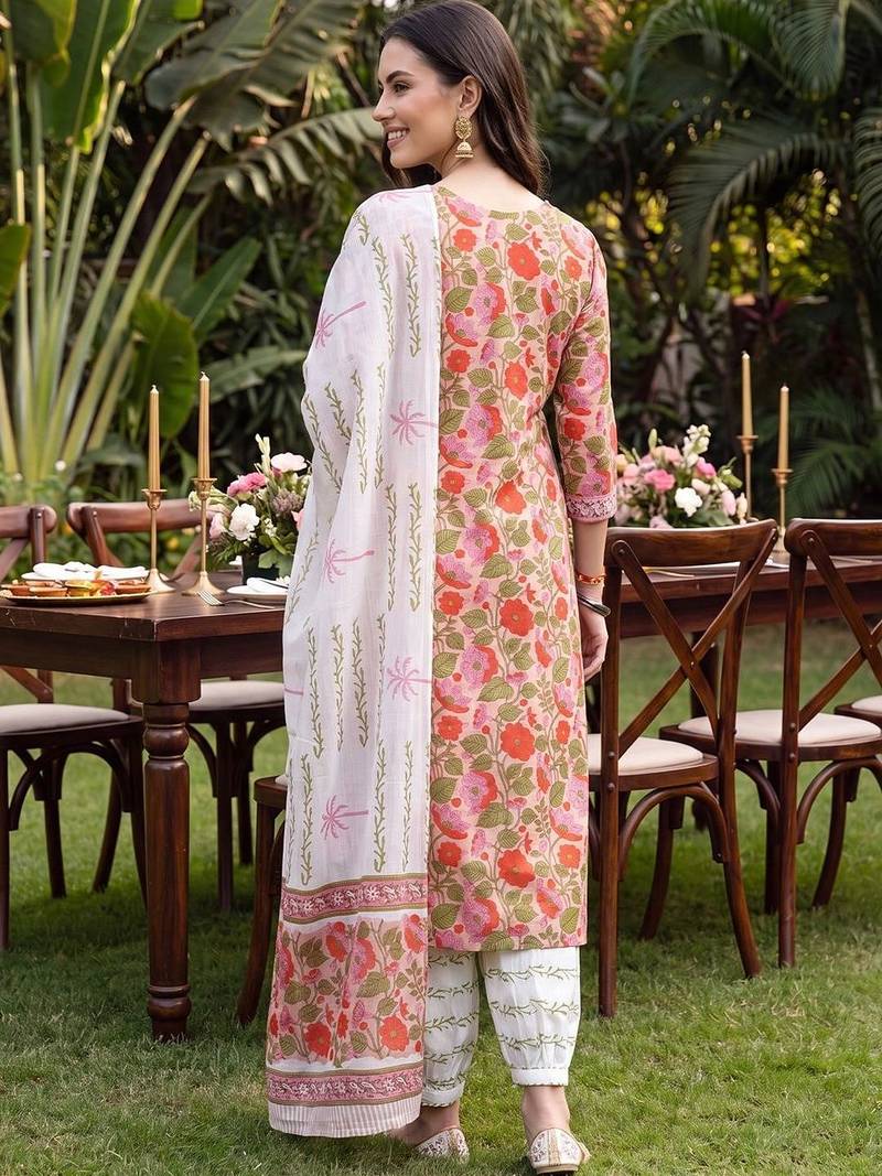 women floral printed regular thread work cotton kurta with patiala & with dupatta