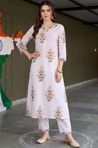 women floral printed regular cotton kurta with trousers