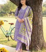 women ethnic motifs printed regular cotton kurta with trousers & with dupatta