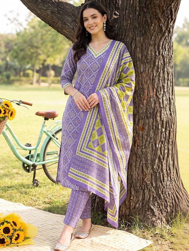women ethnic motifs printed regular cotton kurta with trousers & with dupatta