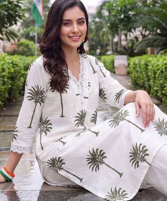 women ethnic motifs printed regular cotton kurta with trousers 2