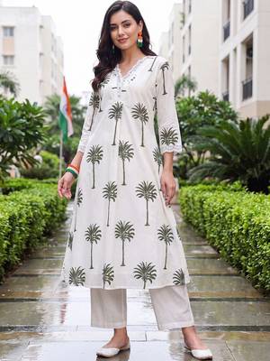 women ethnic motifs printed regular cotton kurta with trousers 1