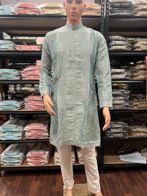 Light blue earth silk embroidery sequence work kurta pajama 2