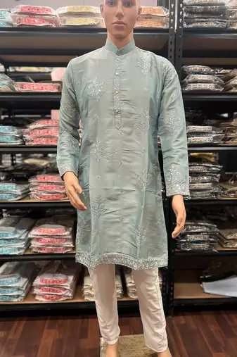 Light blue earth silk embroidery sequence work kurta pajama