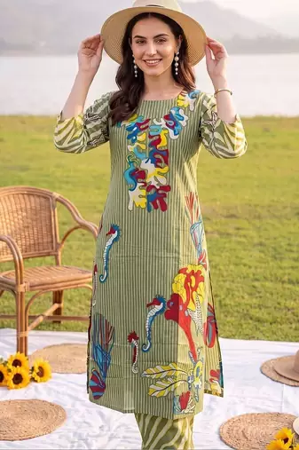women printed regular cotton kurta with trousers