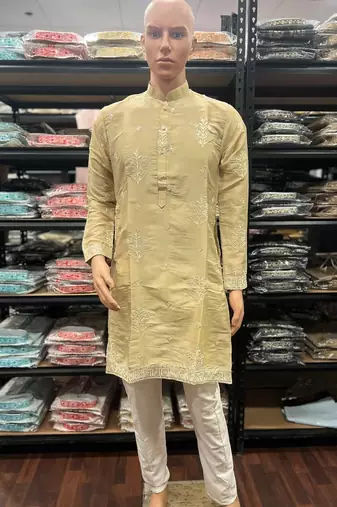 Yellow earth silk embroidery sequence work kurta pajama