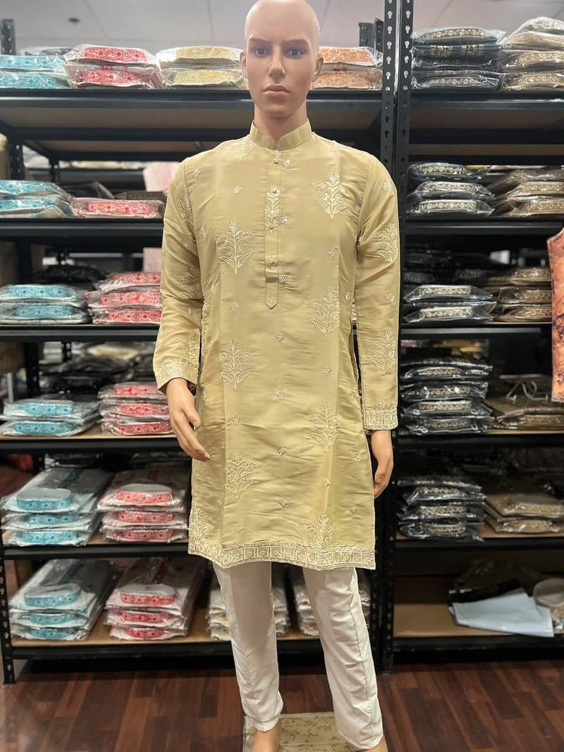 Yellow earth silk embroidery sequence work kurta pajama