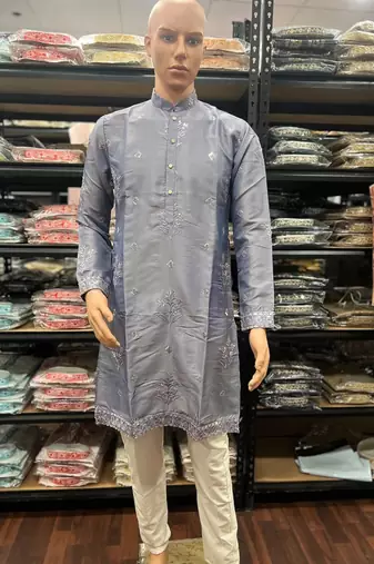 Purple earth silk embroidery sequence work kurta pajama