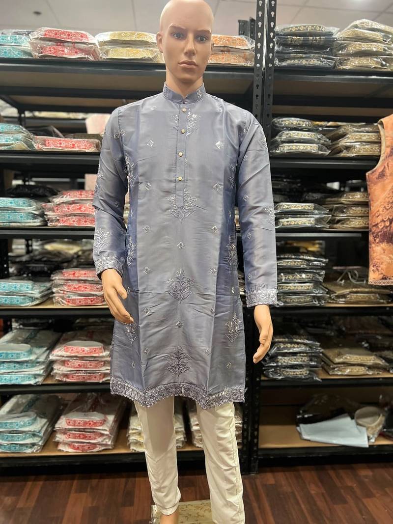 Purple earth silk embroidery sequence work kurta pajama