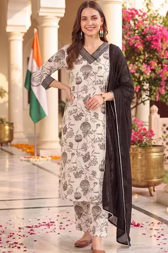 women floral printed regular cotton kurta with trousers & with dupatta