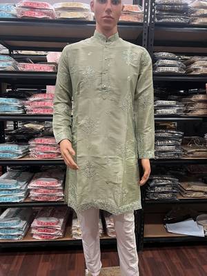 Light green earth silk embroidery sequence work kurta pajama 2
