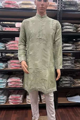 Light green earth silk embroidery sequence work kurta pajama