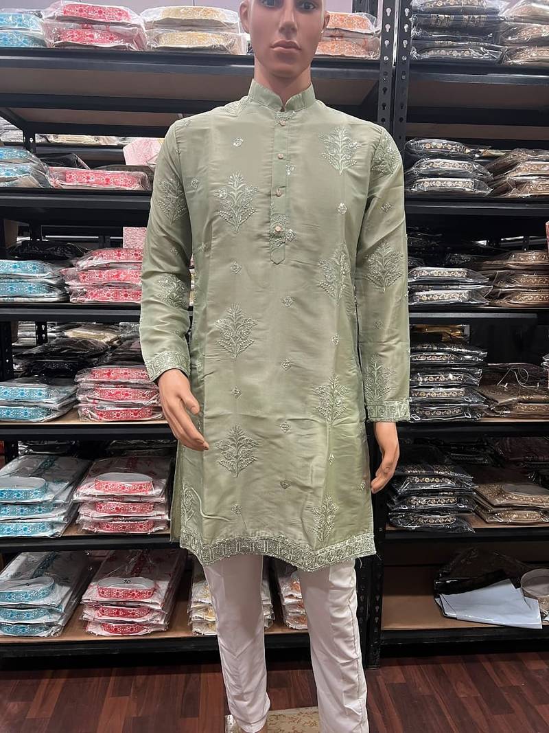 Light green earth silk embroidery sequence work kurta pajama