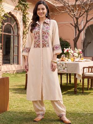 women ethnic motifs embroidered regular thread work kurta with pyjamas 1
