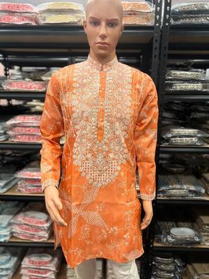 Orange simmer silk neck embroidery sequence + printed kurta pajama 2