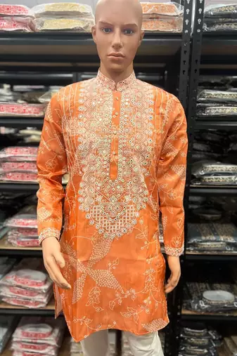 Orange simmer silk neck embroidery sequence + printed kurta pajama