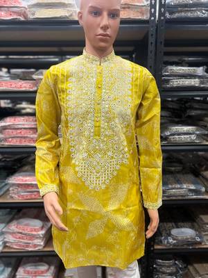 Yellow simmer silk neck embroidery sequence + printed kurta pajama 2