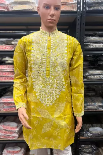 Yellow simmer silk neck embroidery sequence + printed kurta pajama