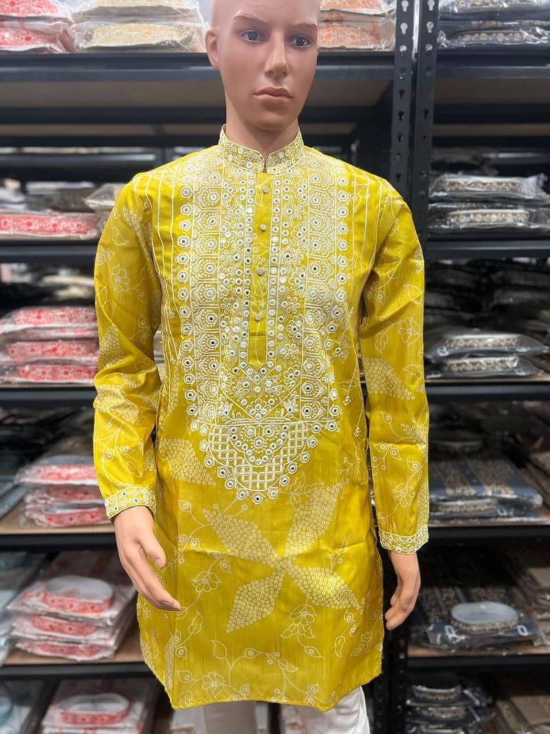Yellow simmer silk neck embroidery sequence + printed kurta pajama
