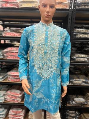 Blue simmer silk neck embroidery sequence + printed kurta pajama 2