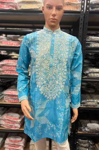 Blue simmer silk neck embroidery sequence + printed kurta pajama