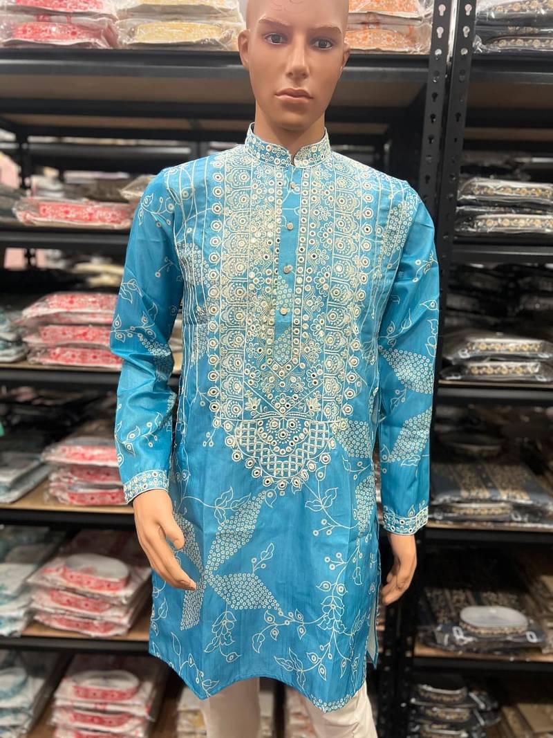 Blue simmer silk neck embroidery sequence + printed kurta pajama