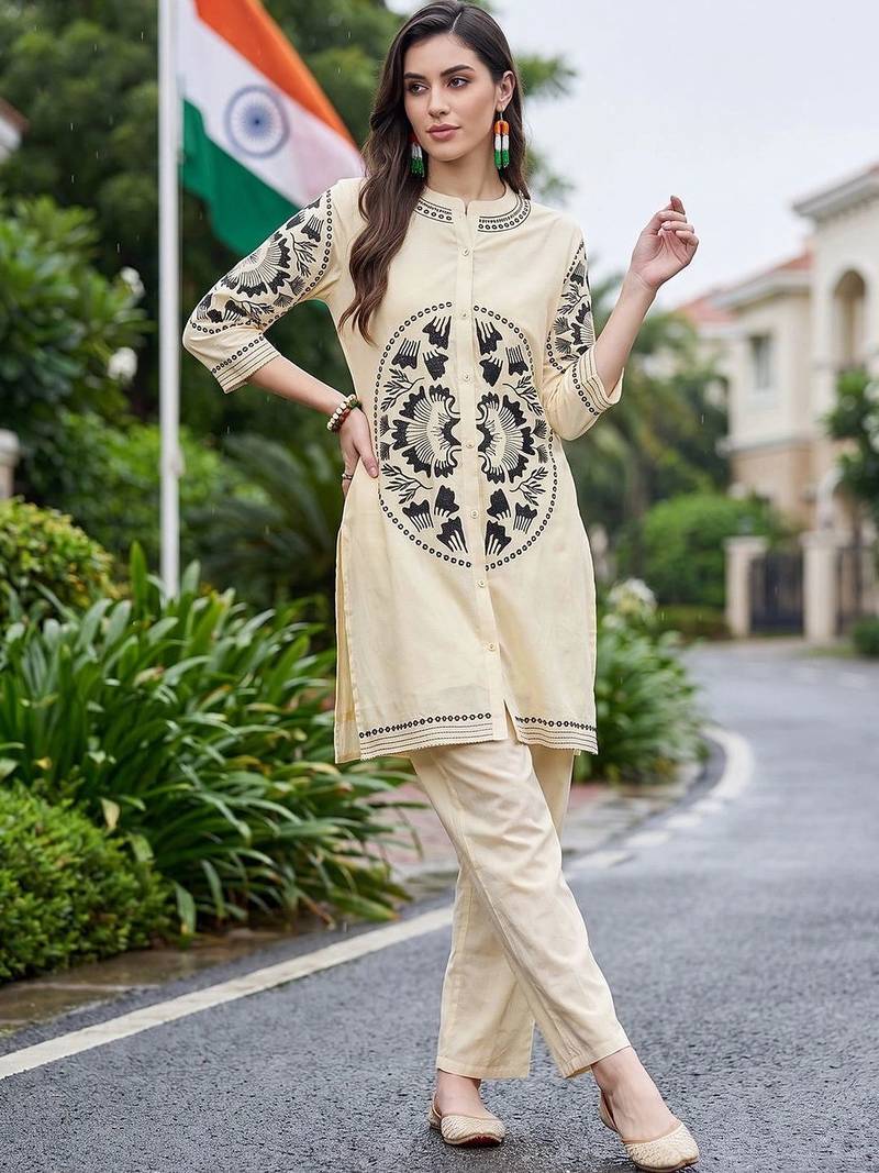 women ethnic motifs embroidered regular thread work cotton kurta with trousers