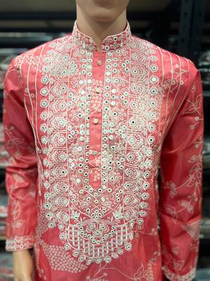Peach pink simmer silk neck embroidery sequence + printed kurta pajama 2