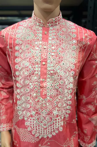 Peach pink simmer silk neck embroidery sequence + printed kurta pajama