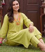 women ethnic motifs embroidered empire thread work liva kurta with trousers