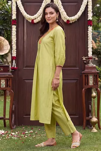 women ethnic motifs embroidered empire thread work liva kurta with trousers