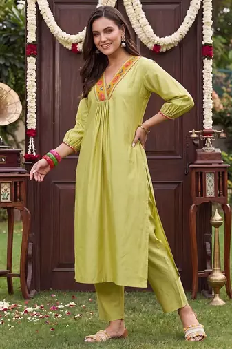 women ethnic motifs embroidered empire thread work liva kurta with trousers