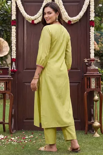 women ethnic motifs embroidered empire thread work liva kurta with trousers