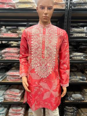 Peach pink simmer silk neck embroidery sequence + printed kurta pajama 3