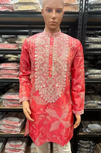 Peach pink simmer silk neck embroidery sequence + printed kurta pajama