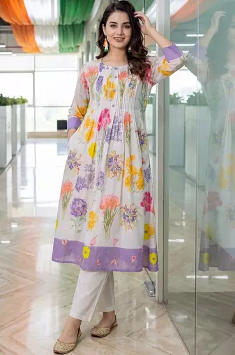 women floral printed empire cotton kurta with trousers