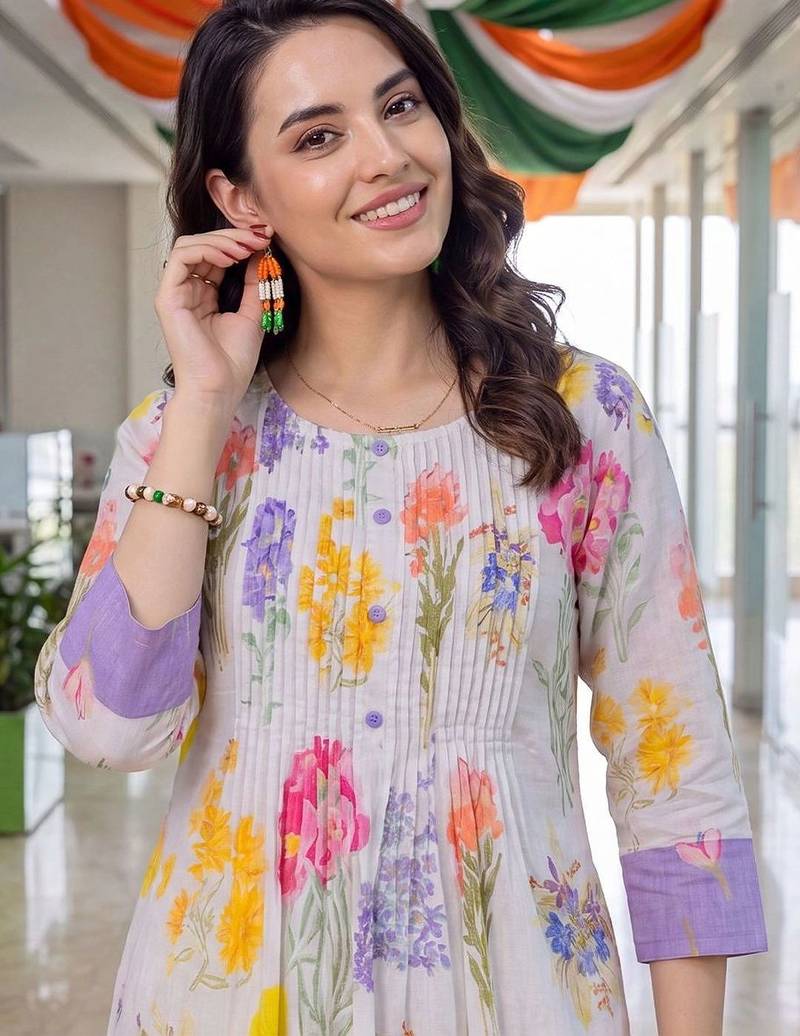 women floral printed empire cotton kurta with trousers