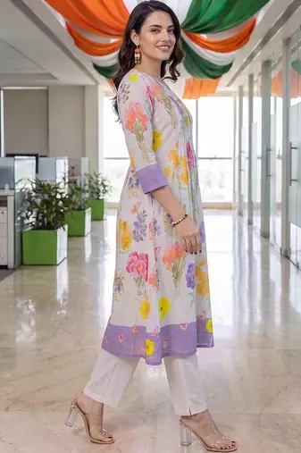 women floral printed empire cotton kurta with trousers