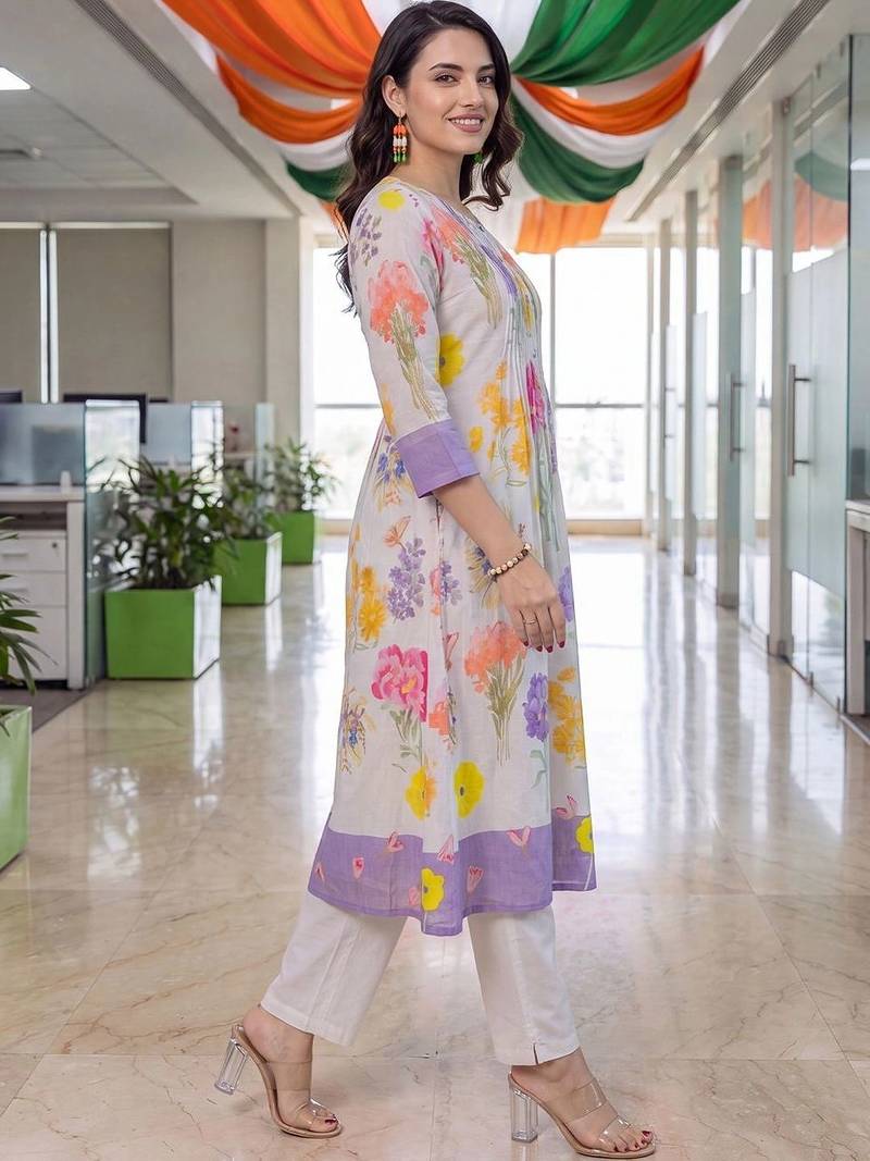 women floral printed empire cotton kurta with trousers