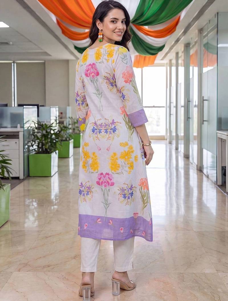 women floral printed empire cotton kurta with trousers