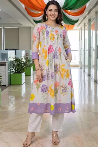 women floral printed empire cotton kurta with trousers